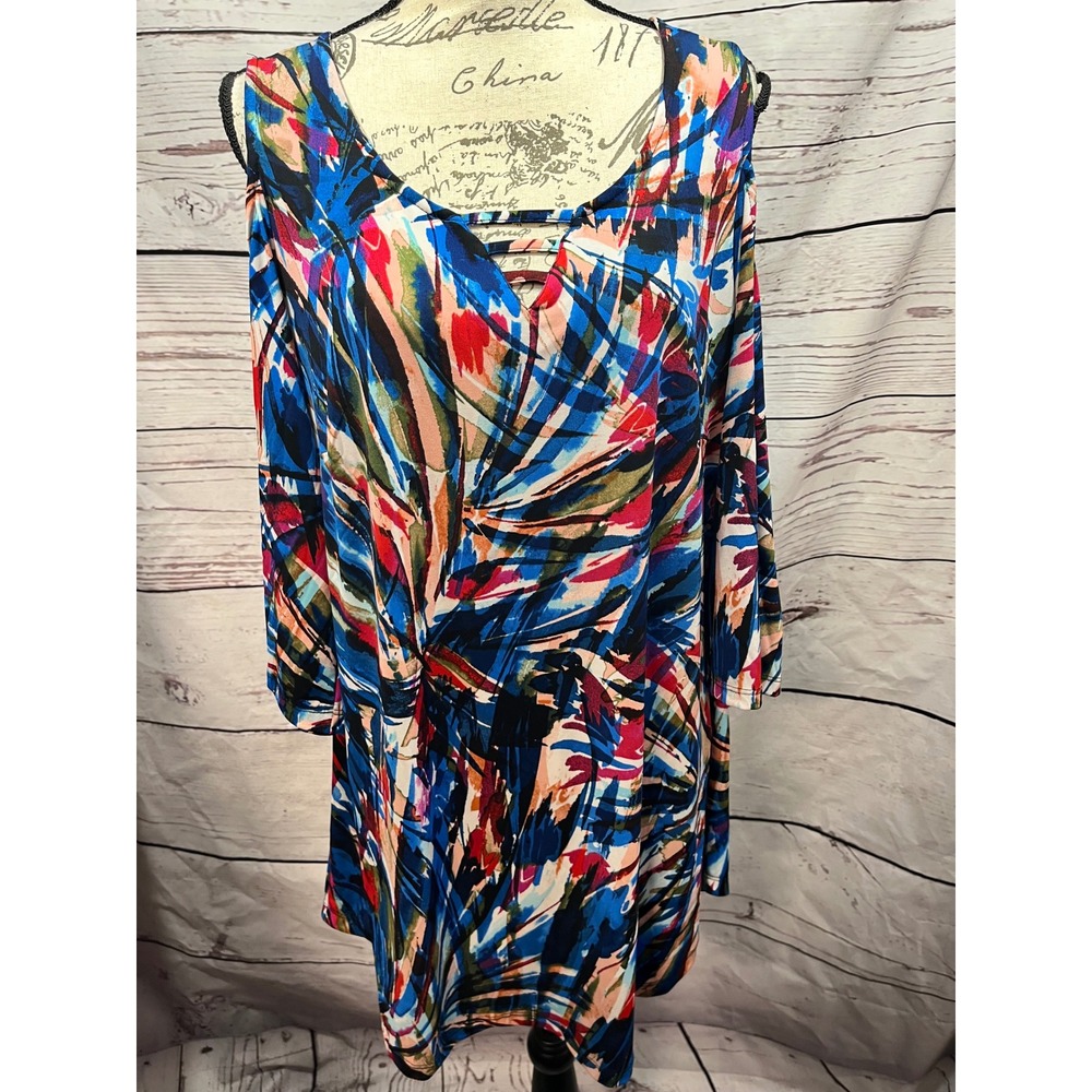 Avenue Abstract Print Cold Shoulder V Neck Tunic Top Women Size‎ 14